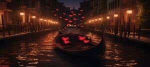 A gondola floats on a canal surrounded by glowing lanterns and floating heart-shaped lights.