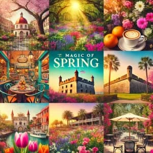 A vibrant collage celebrating the beauty of spring with flowers, architecture, and cozy scenes. A vibrant collage celebrating the beauty of spring with flowers, architecture, and cozy scenes.